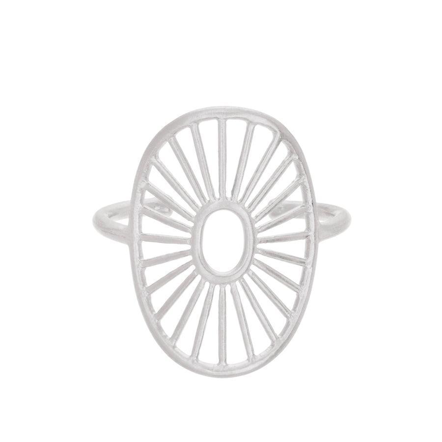 Pernille Corydon Daylight Ring R-571-S features a round, silver-tone ring with open, ray line detail. Model R-571-S-001-1