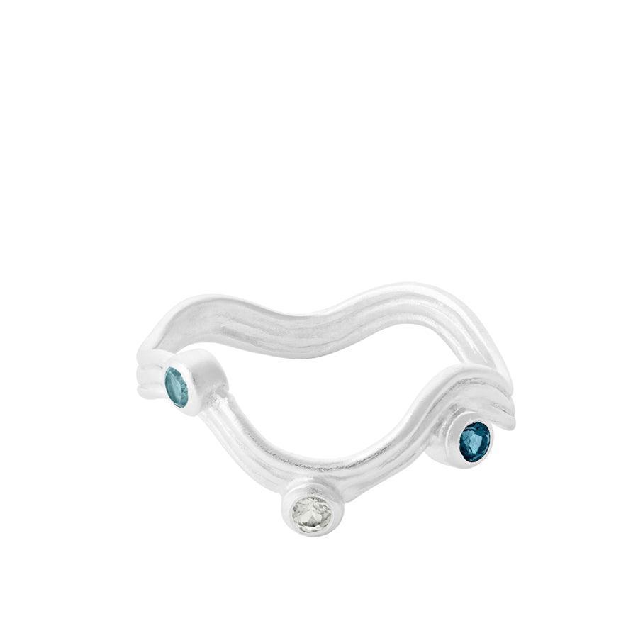 Pernille Corydon Hellir Ring with wavy silver design and three colored stones, Model R-465-S-003-1.