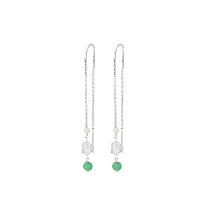 Pernille Corydon Ocean Hope Earring shows long silver chain earrings with green detail, Model E-288-S.