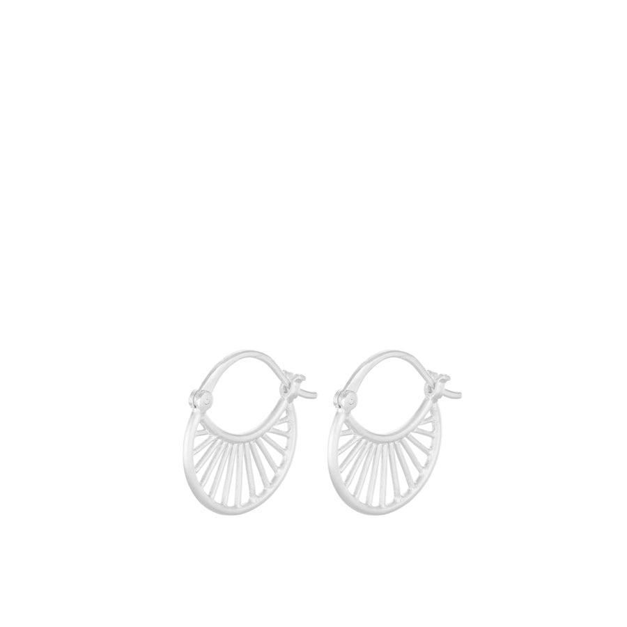 Pernille Corydon Small Daylight Earrings showcase a set of small silver hoops with an elegant sunburst design. Model E-472-S