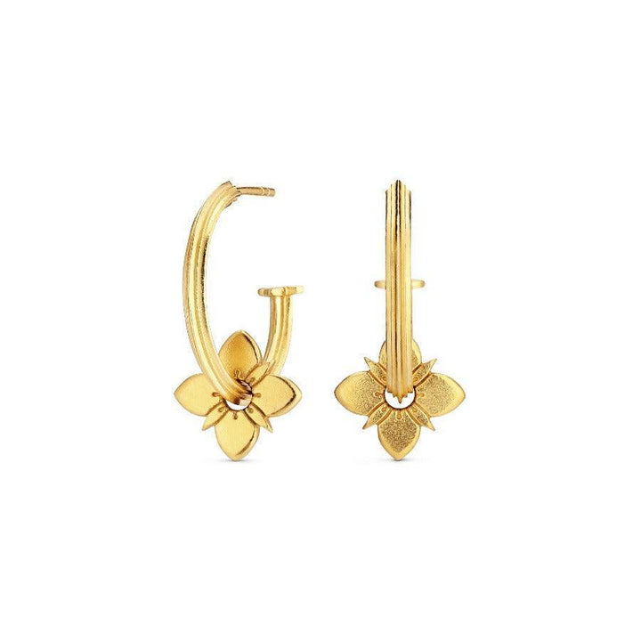 Polar Healing Hoops, gold plated earrings with flower detail shown against white background. Model HEA-HP-GD-00611-1