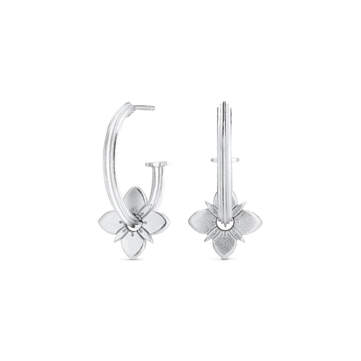 Polar Healing Hoops, elegant silver hoop earrings with flower detail, Model HEA-HP-RH-00612-1