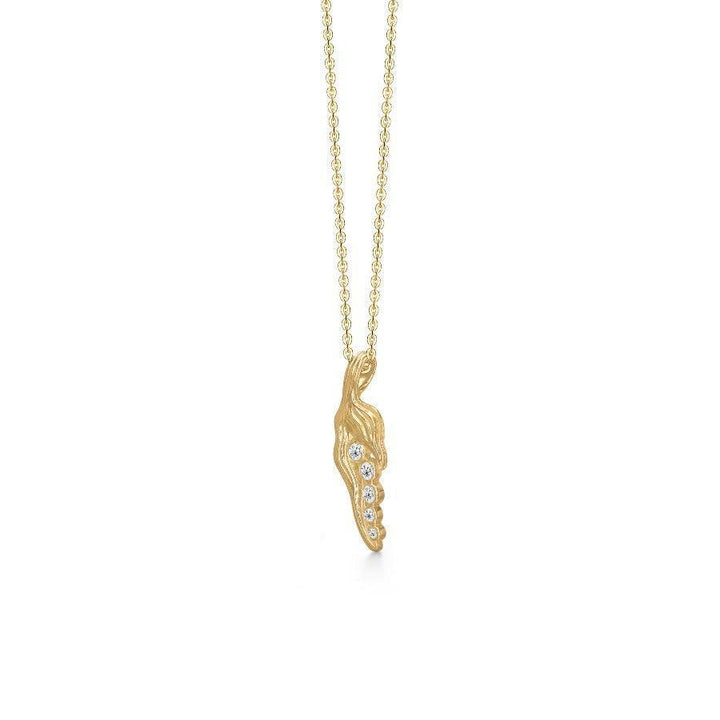Polar Jewelry Five Peas in a Pod gold-plated necklace with five clear stones on a matte gold chain. Model FPE-NL-GD-WZ-00313-2
