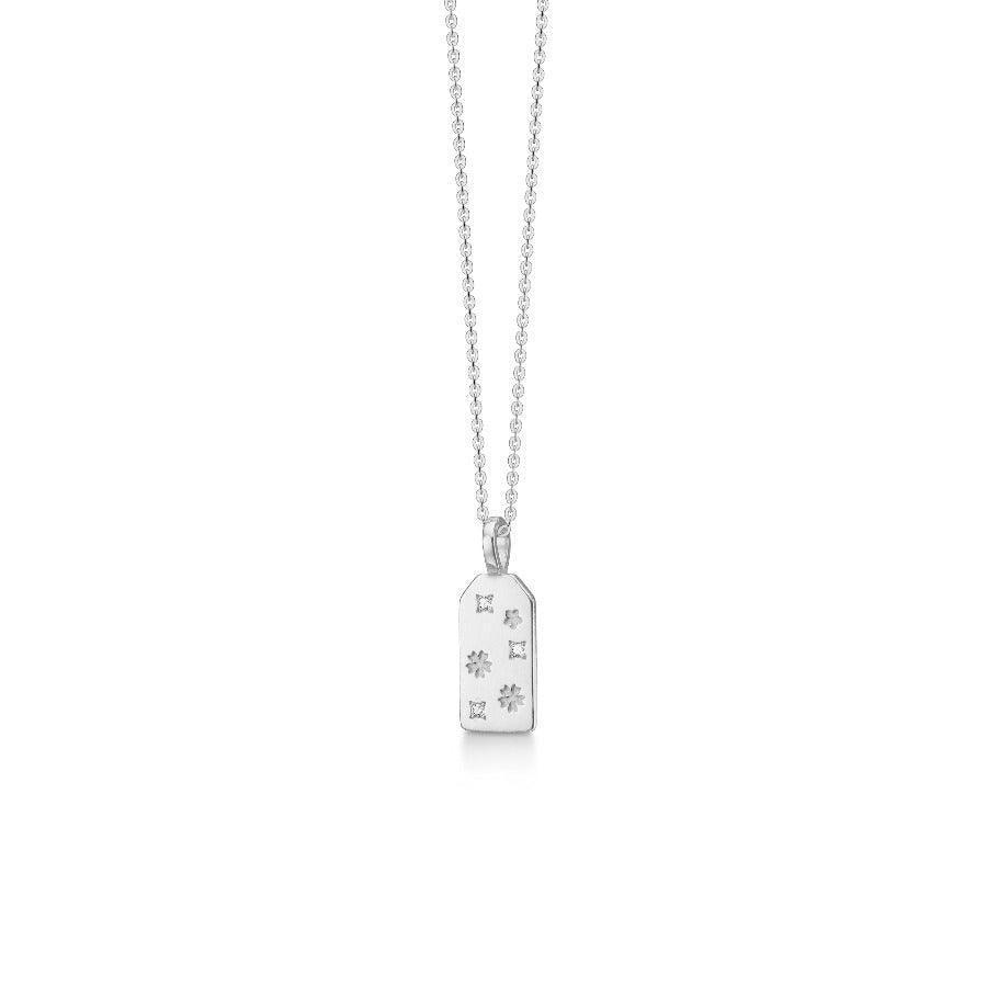 Polar Jewelry Omamori Flower Silver Necklace with rectangular pendant and flower pattern. Model OMF-NL-SL-WZ-00126