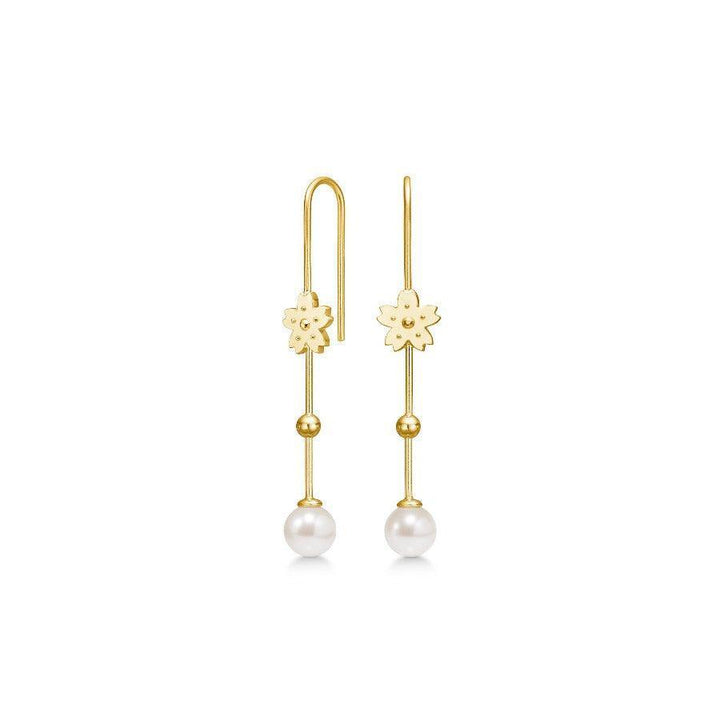 Polar Jewelry Sakura Hanging Pearl gold-plated earrings with flower detail and pearl. Model SAK-EH-GD-WP-00120-1