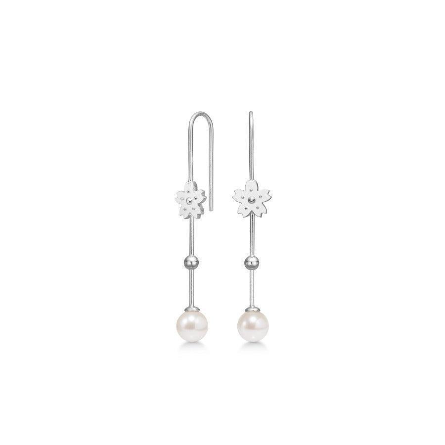 Polar Jewelry Sakura Hanging Pearl silver earrings with freshwater pearls and floral motif, Model SAK-EH-SL-WP-00121-1.