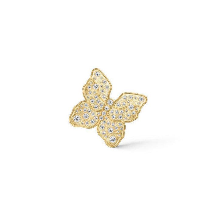Polar Jewelry The Butterfly gold-plated earrings in the shape of a butterfly with clear stones on a white background. Model TBU-ST-GD-WZ-00323.