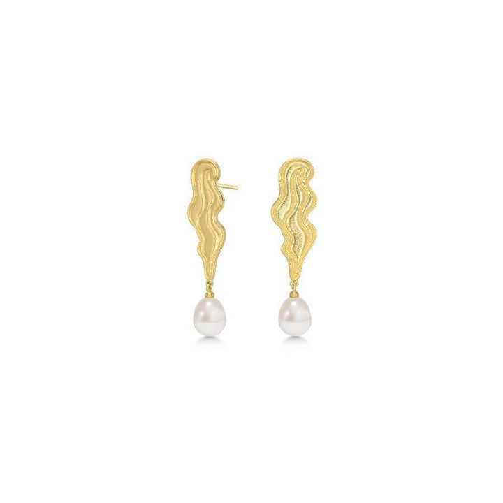 Polar Jewelry The Empress gold-plated earrings with a wavy silhouette and pendant white pearl. Model TEM-HS-GD-WP-00205-1