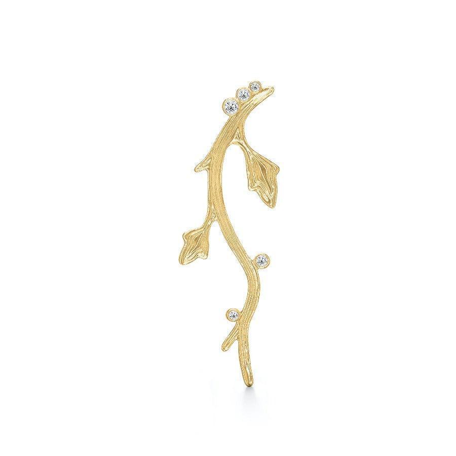 Polar Jewelry The Nightingale earring left shows an elegant gold earring with leaves and small clear stones. Model tni-st-l-gd-wz-00336-1