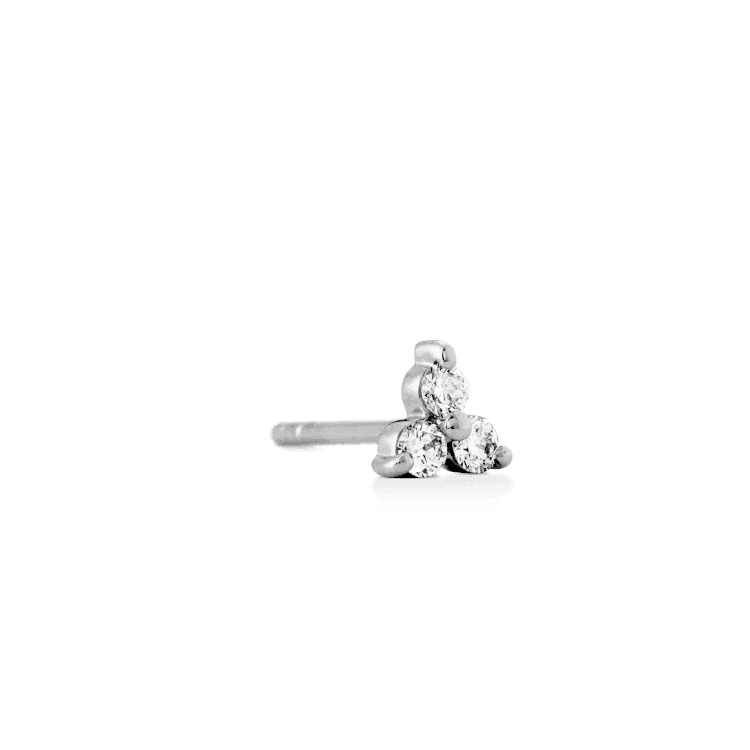 Ro Copenhagen 18kt Fryd Diamond Earring 0.075ct white gold shows close-up image of single earring with three clear diamonds, Model 119282-1.