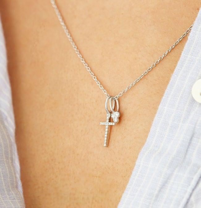 Ro Copenhagen 18kt Orbit Dot Diamond Pendant white gold on neck, elegant and timeless, Model 100150-2.