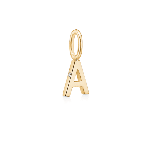 Ro Copenhagen My Letter Pendant A in shiny gold with small diamond detail, Model p114y-001-1