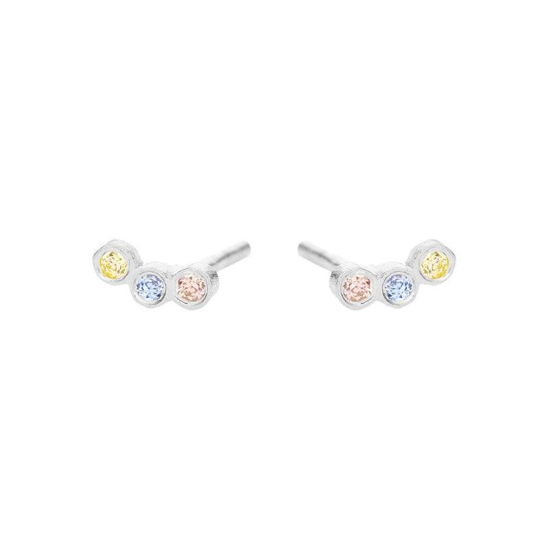 Susanne Friis Bjørner earrings with three round stones in shades of yellow, blue and pink, silver-coloured. Model 5647-1-570.