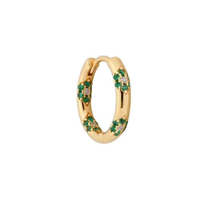 Fauna Huggie ear ring in gold-colored metal with small green and clear stones, Model FW2104-FW2104-1