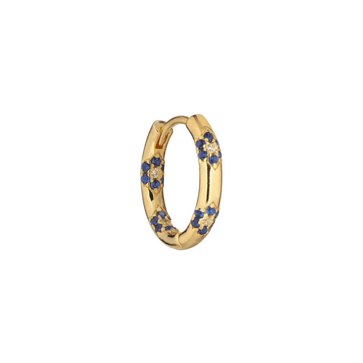The Earring Shop Fauna Huggie shows an elegant gold colored creole with blue and white stones, Model SS2104-SS2104-1.