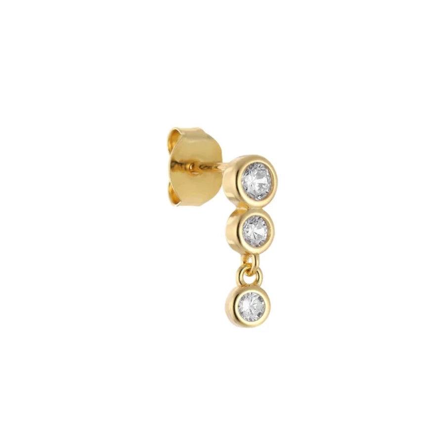 Trio Stud Silver Plated shows an ear stud in gold colored metal with three clear stones, Model FW2210-FW2210-1.