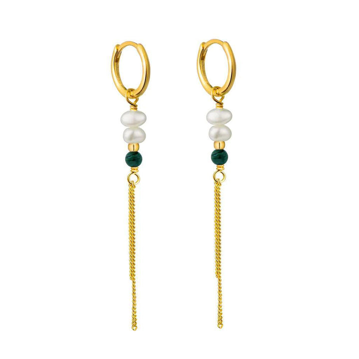 WiOGA Adona Earrings Silver-plated with pearls, green stone and long chains, Model E-8153-GP