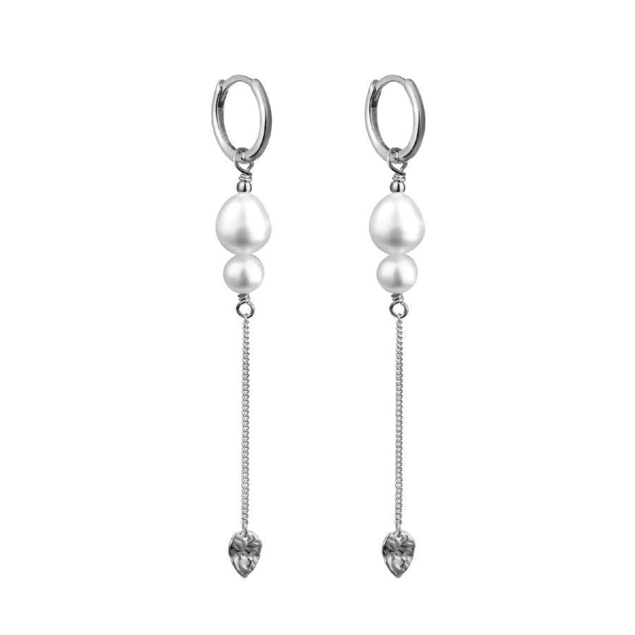 wioga antonia earrings silver with white pearls and long chain, elegant design. Model E-8155-S