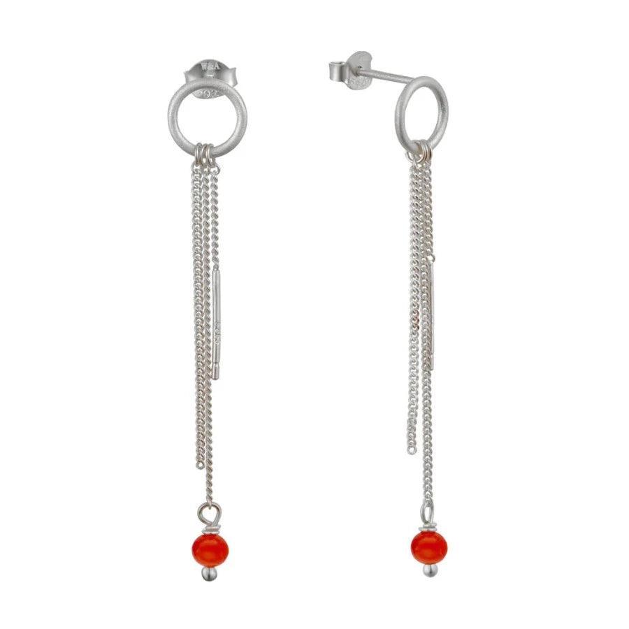 WIOGA Coco earrings silver with long chains and orange pearl, modern design. Model E-8111-S.