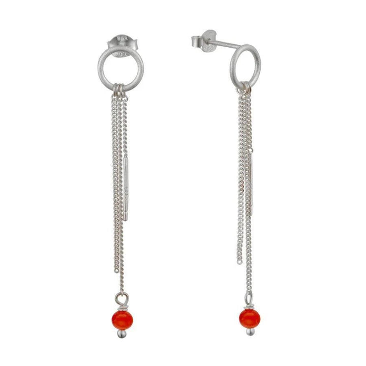 WIOGA Coco earrings silver with long chains and orange pearl, modern design. Model E-8111-S.