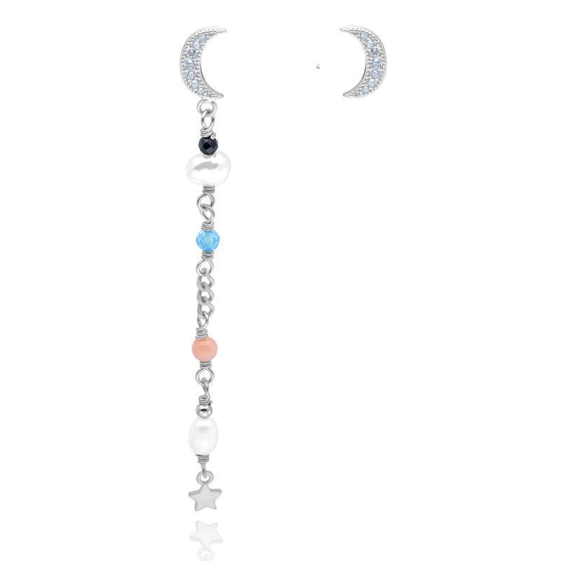 wioga evonne earrings silver, a crescent-shaped earring with colored pearls and star pendant. Model e-8062-s