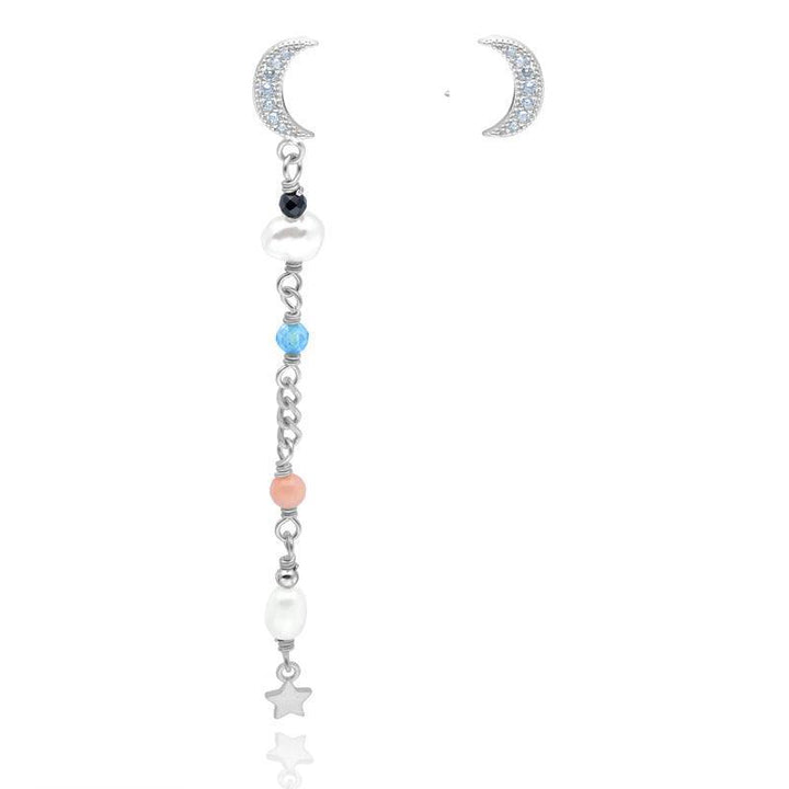 wioga evonne earrings silver, a crescent-shaped earring with colored pearls and star pendant. Model e-8062-s