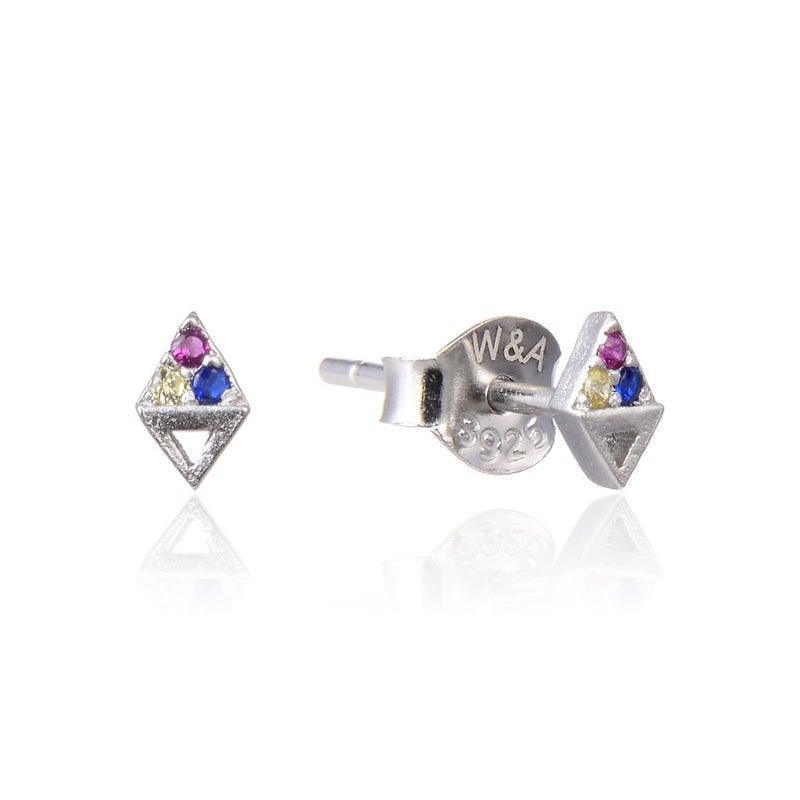 wioga ice studs E-1072-S shows triangular silver studs with purple, yellow and blue stones, Model E-1072-S