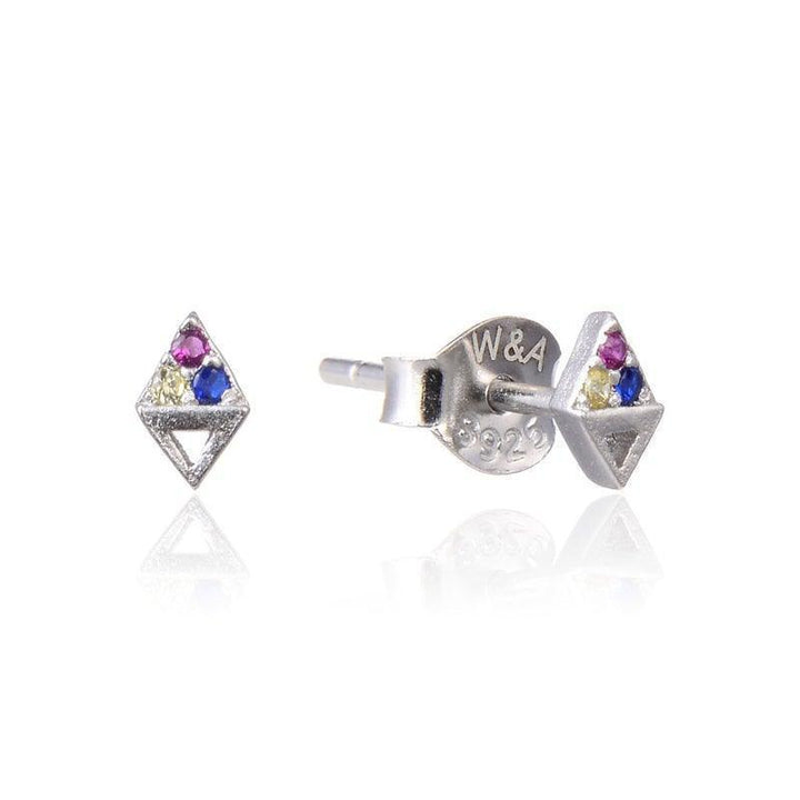 wioga ice studs E-1072-S shows triangular silver studs with purple, yellow and blue stones, Model E-1072-S
