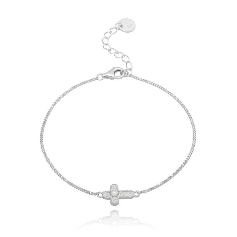 wioga karla bracelet silver with cross pendant and pearl detail, single chain. Model B-8076-S.