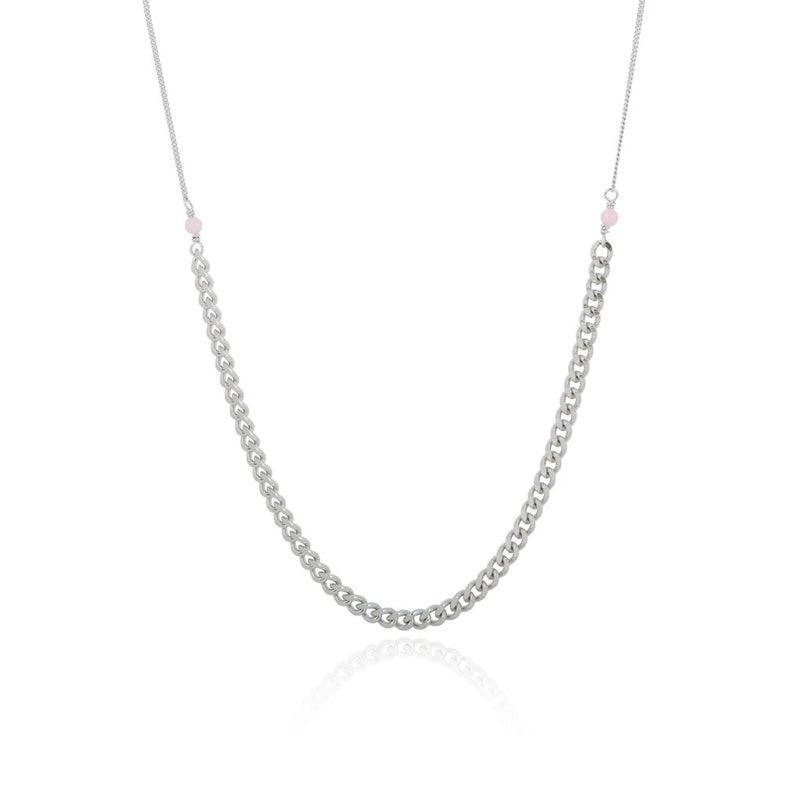 WiOGA Liva necklace shown with silver colored chain and two small pink pearls. Model N-3038-S.