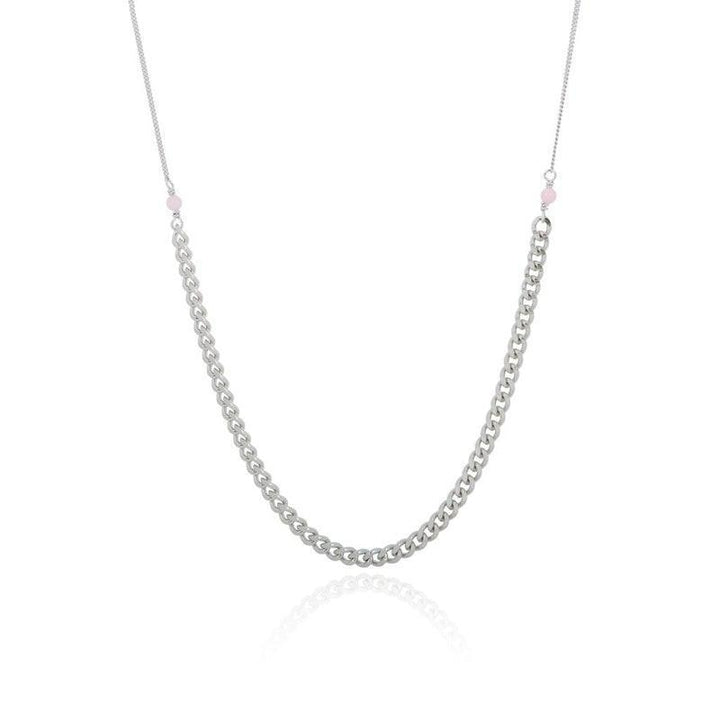 WiOGA Liva necklace shown with silver colored chain and two small pink pearls. Model N-3038-S.