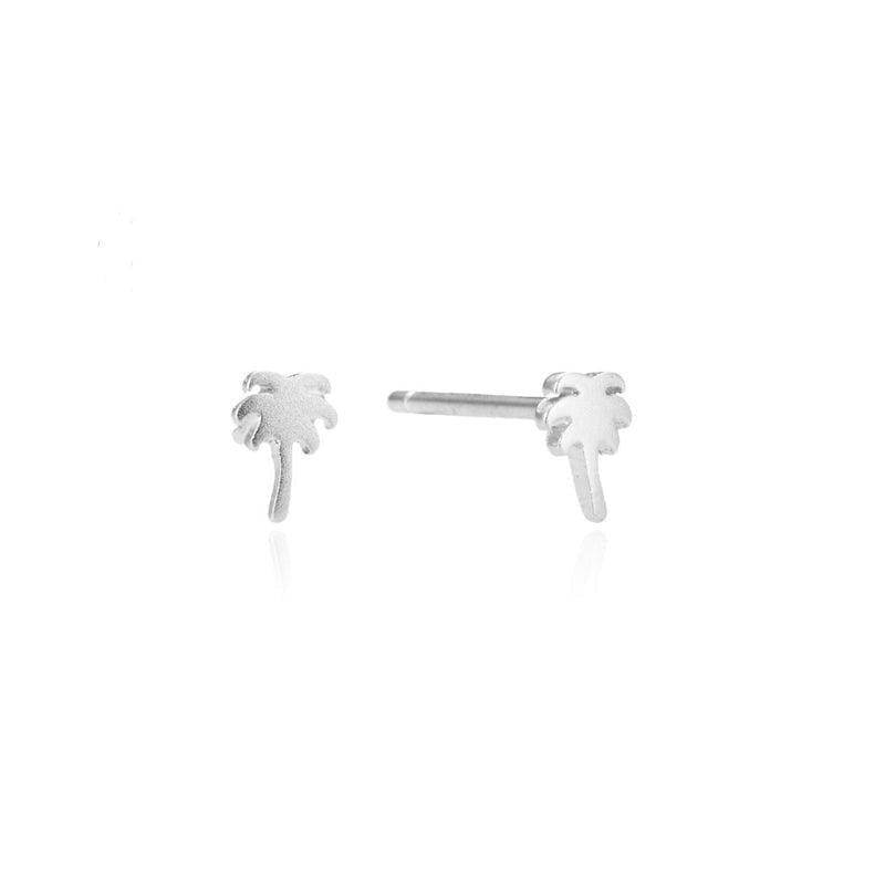 wioga palm earrings, small silver earrings in the shape of a palm tree on a white background. Model E-1070-S