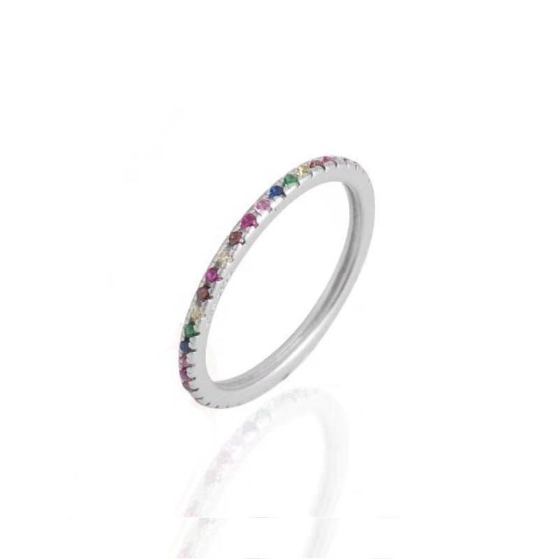 wioga rainbow ring in silver with small colorful stones in the shades of the rainbow, Model R-4008-S