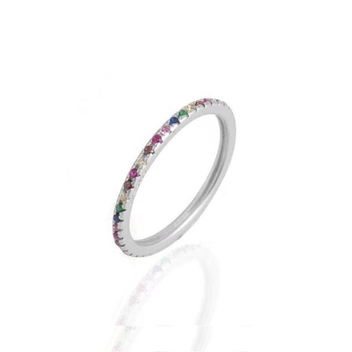 wioga rainbow ring in silver with small colorful stones in the shades of the rainbow, Model R-4008-S