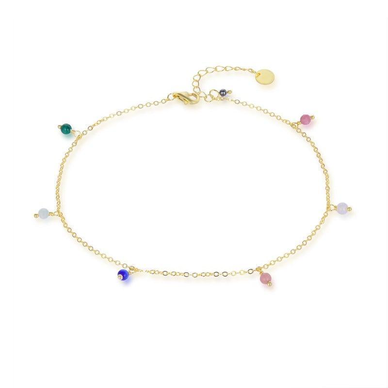 wioga vera ankle chain, fine gold chain with colored pearls in different shades. Model A-5008-gp.