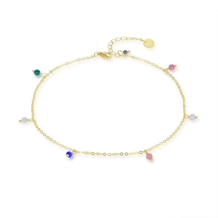 wioga vera ankle chain, fine gold chain with colored pearls in different shades. Model A-5008-gp.